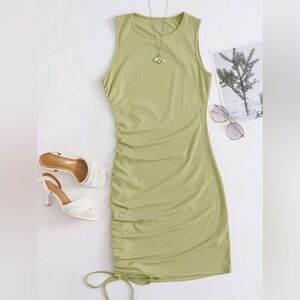 Asymmetrical Ruched Bodycon Tank Dress in Lime Green
